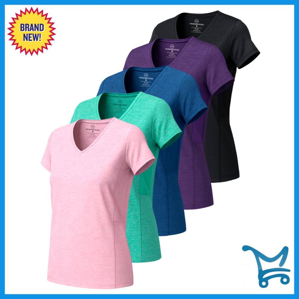Women's Dry-Fit V-Neck Workout T-Shirts 5-Pack, Moisture-Wicking Activewear - Picture 1 of 7